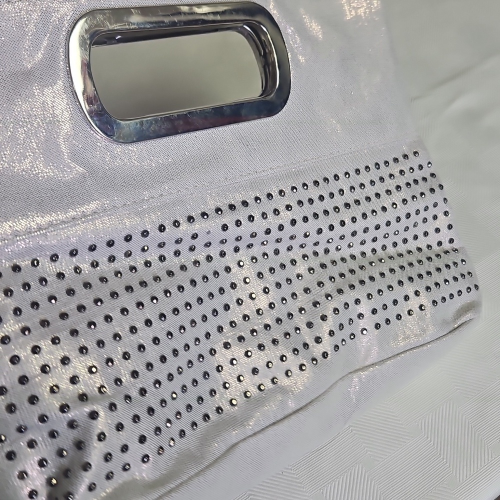 Metalic Silver Studded Evening Clutch Handbag 8x10 Magnetic Cose VGUC